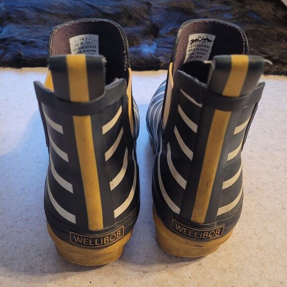 JOULES Womens Wellibob Short Rain Boots 7 Navy Yellow Stripe Waterproof Ankle - Picture 3 of 9